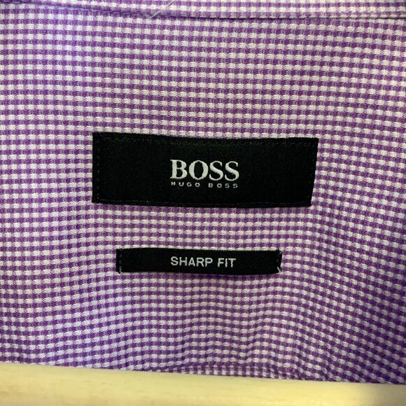 Boss Hugo Boss Lavender White Mini Gingham Check LS Sharp Fit Dress Shirt 17.5/R - Picture 6 of 12